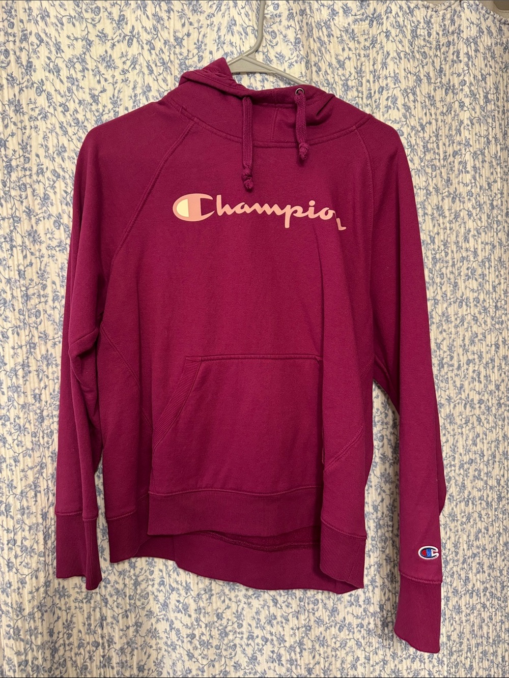 Champion Women's Burgundy Pullover Hoodie with Pink Logo